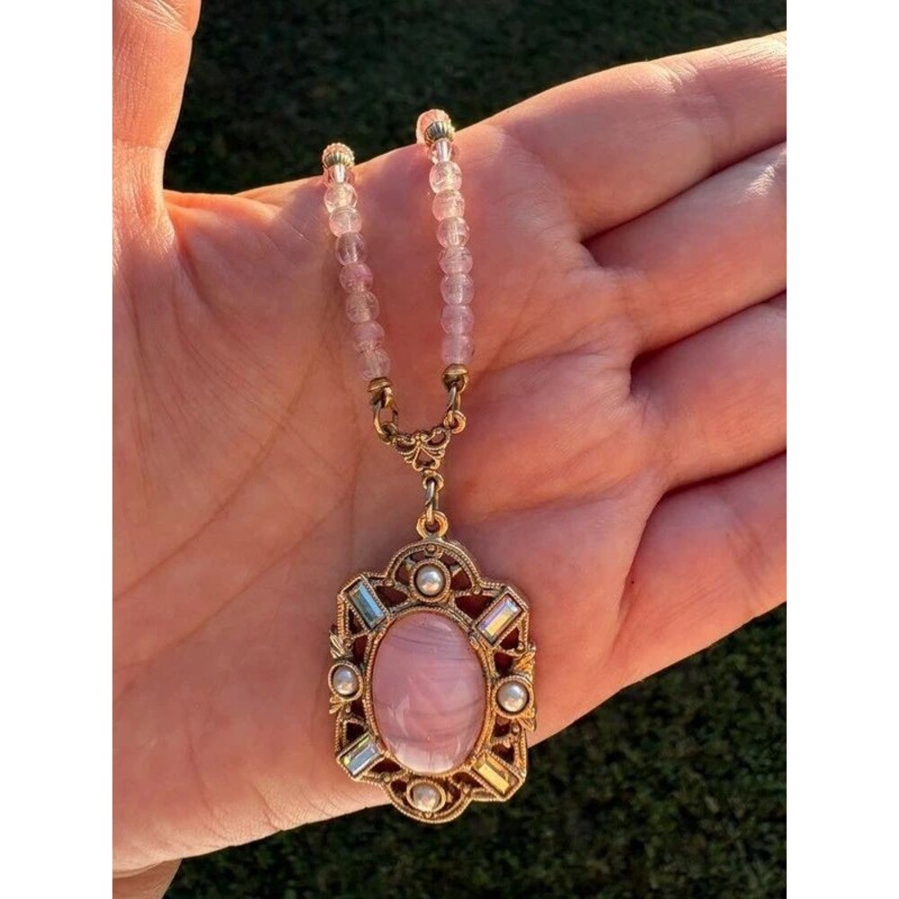 Vintage 1928 Co. Pink Opaline & Pearl Filigree Pendant Necklace